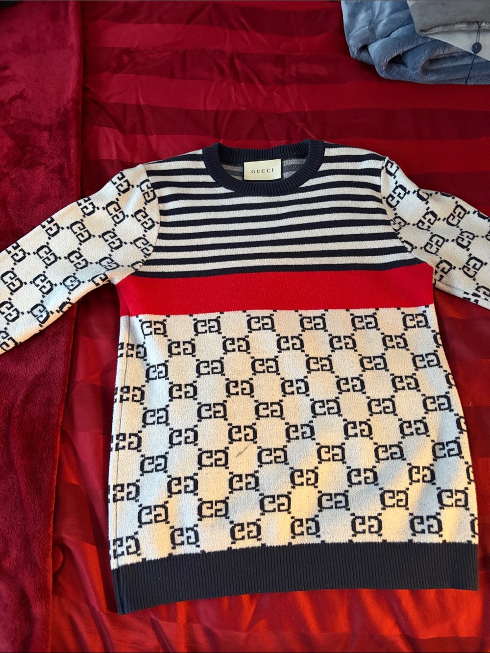 Gucci Men’s Red, White & Navy Logo Stripe Crewneck Sweater